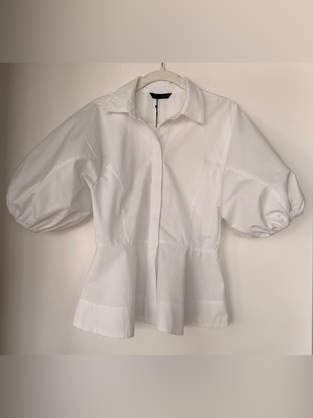 Zara White Puff-Sleeve Peplum Shirt